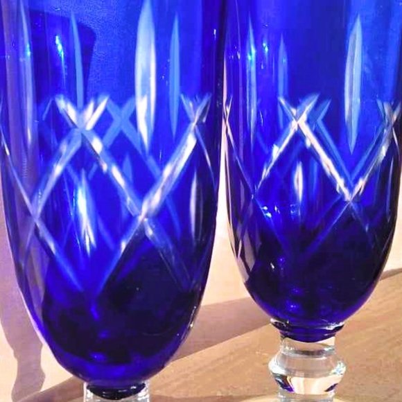 Set of 2 Cut to Clear COBALT BLUE CRYSTAL CHAMPAGNE/Wine FLUTES/Goblets - Picture 8 of 10